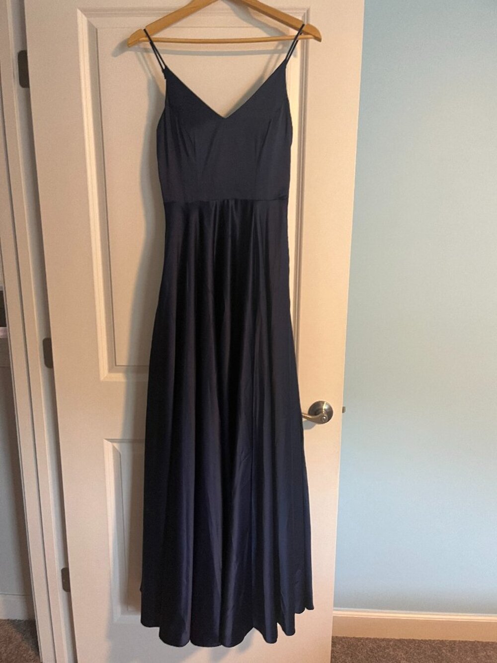 B. Darlin Navy Satin V-Neck Maxi Dress with Pockets & Slit - Size 5/6